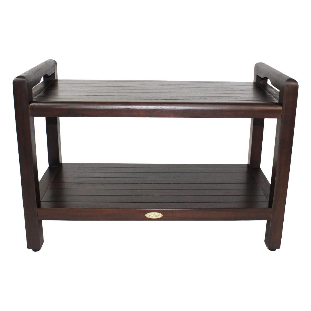 DecoTeak Eleganto 29 Inch Brown LiftAide Arms Waterproof Teak Wood Shower Bench Stool Seat Chair for Inside Shower Storage Shelf Provides Safety, Storage, and Organization for Bathroom Accessories