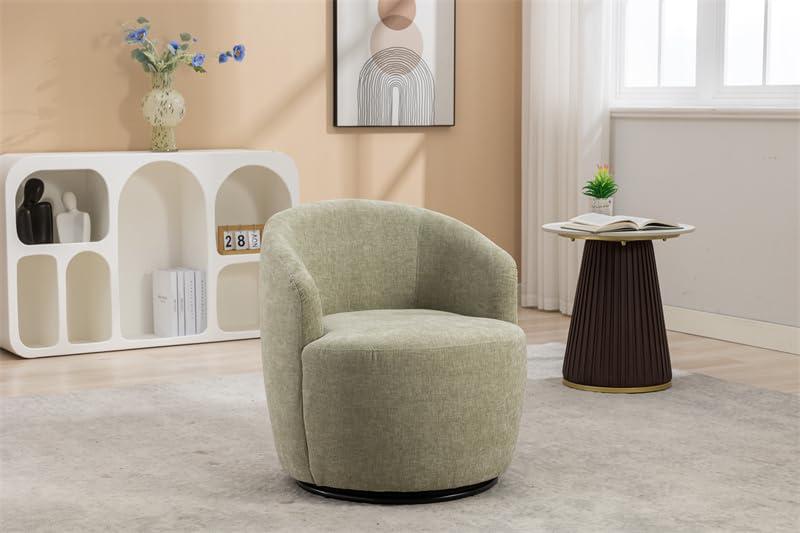 Light Green Chenille Fabric Swivel Barrel Chair with Black Metal Base