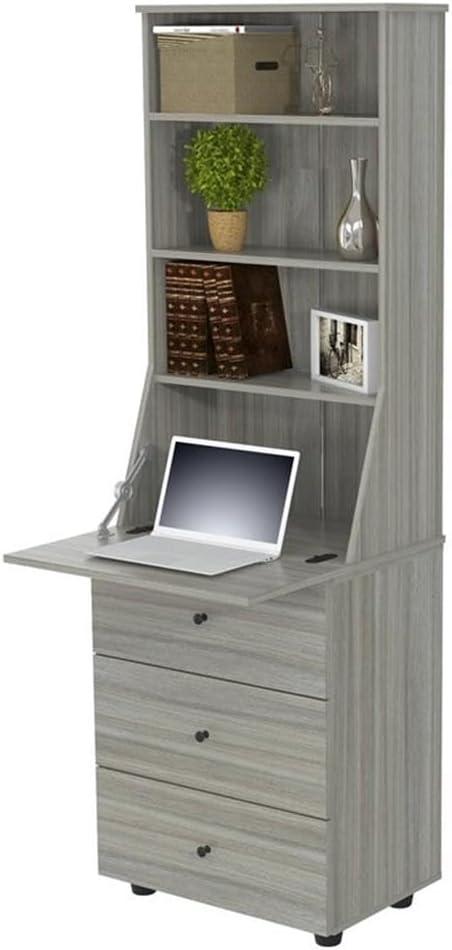 Computer Credenza Workcenter Gray - Inval: Smoke Oak Laminate, Glass Doors, Cable Management