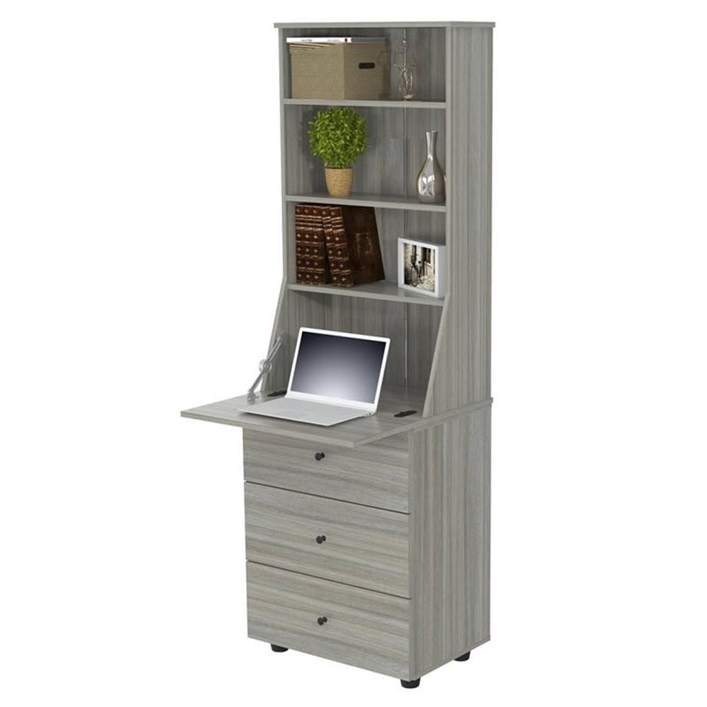 Computer Credenza Workcenter Gray - Inval: Smoke Oak Laminate, Glass Doors, Cable Management