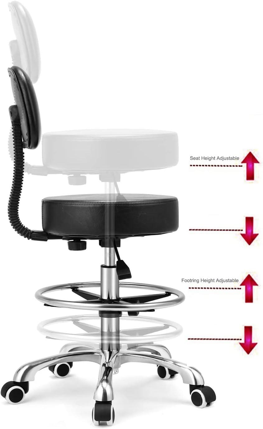 Kaleurrier Rolling Stool Salon Chair with Smooth-Rolling Wheels 360-degree Swivel Seat Heavy Duty Hydraulic Height Adjustable High Barber Cutting Stools (Black, with Backrest)