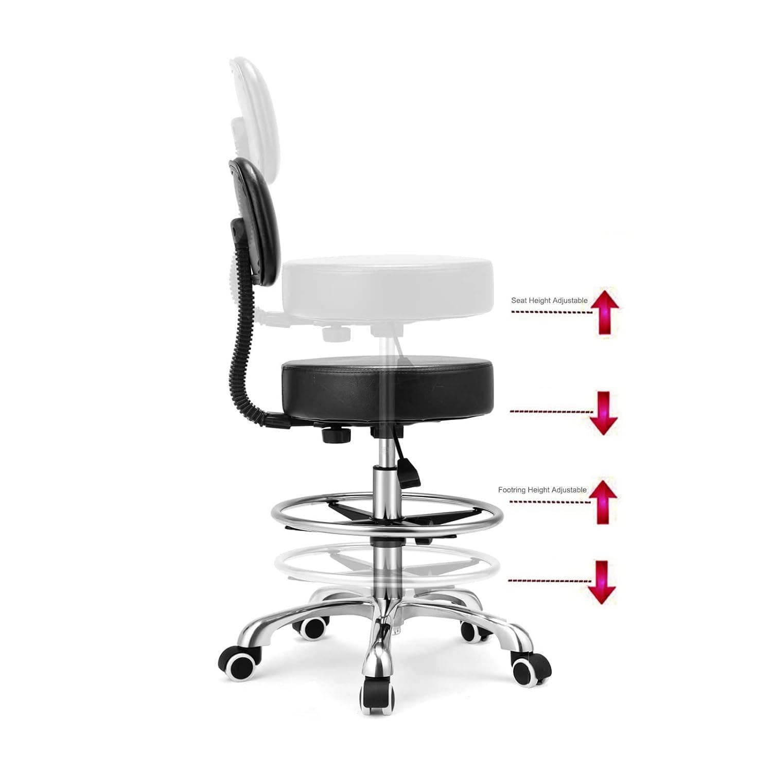 Kaleurrier Rolling Stool Salon Chair with Smooth-Rolling Wheels 360-degree Swivel Seat Heavy Duty Hydraulic Height Adjustable High Barber Cutting Stools (Black, with Backrest)