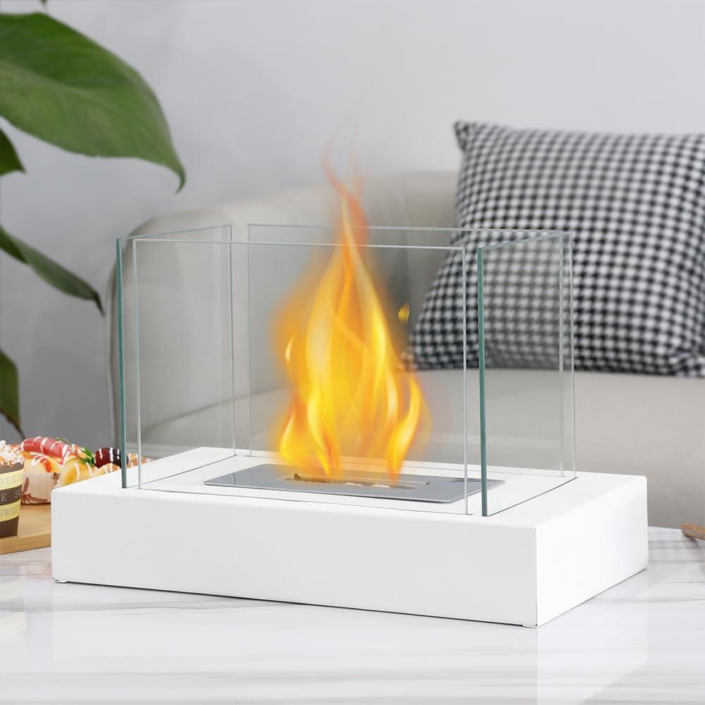 13.5" White Glass and Steel Portable Tabletop Fireplace