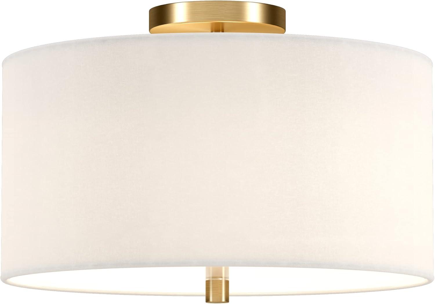 Ellis 16" Brass Drum Flush Mount with White Linen Shade