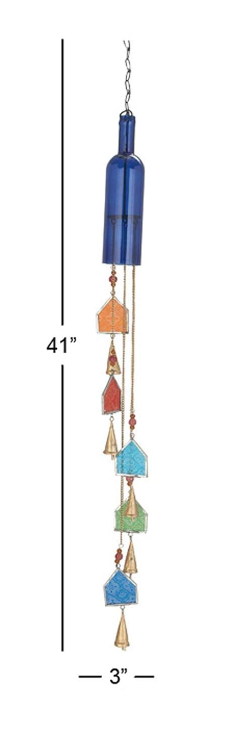 DecMode 41" Blue Glass Bottle Windchime with Beads and Cone Bells