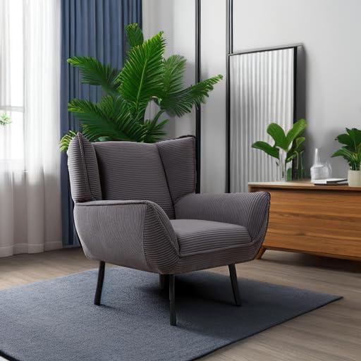 AMERLIFE Accent Chair Chair with High Wingback, Grey Armchair for Bedroom, Comfy Corduroy Chair