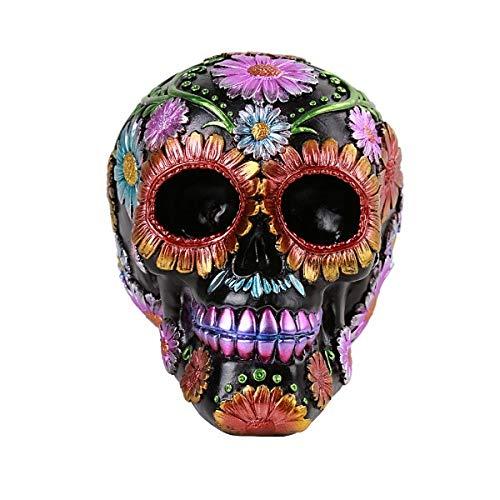 Hand-Painted Black Floral Resin Skull Figurine, 6"