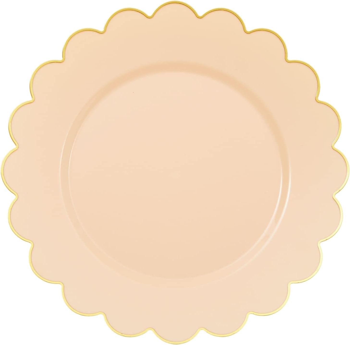 BLUE PANDA 50 Pack Ivory Pink Plastic Plates for Party, 9 Inch Disposable for Party Supplies, Wedding, Gold Foil Scalloped Edges - Scalloped Plates