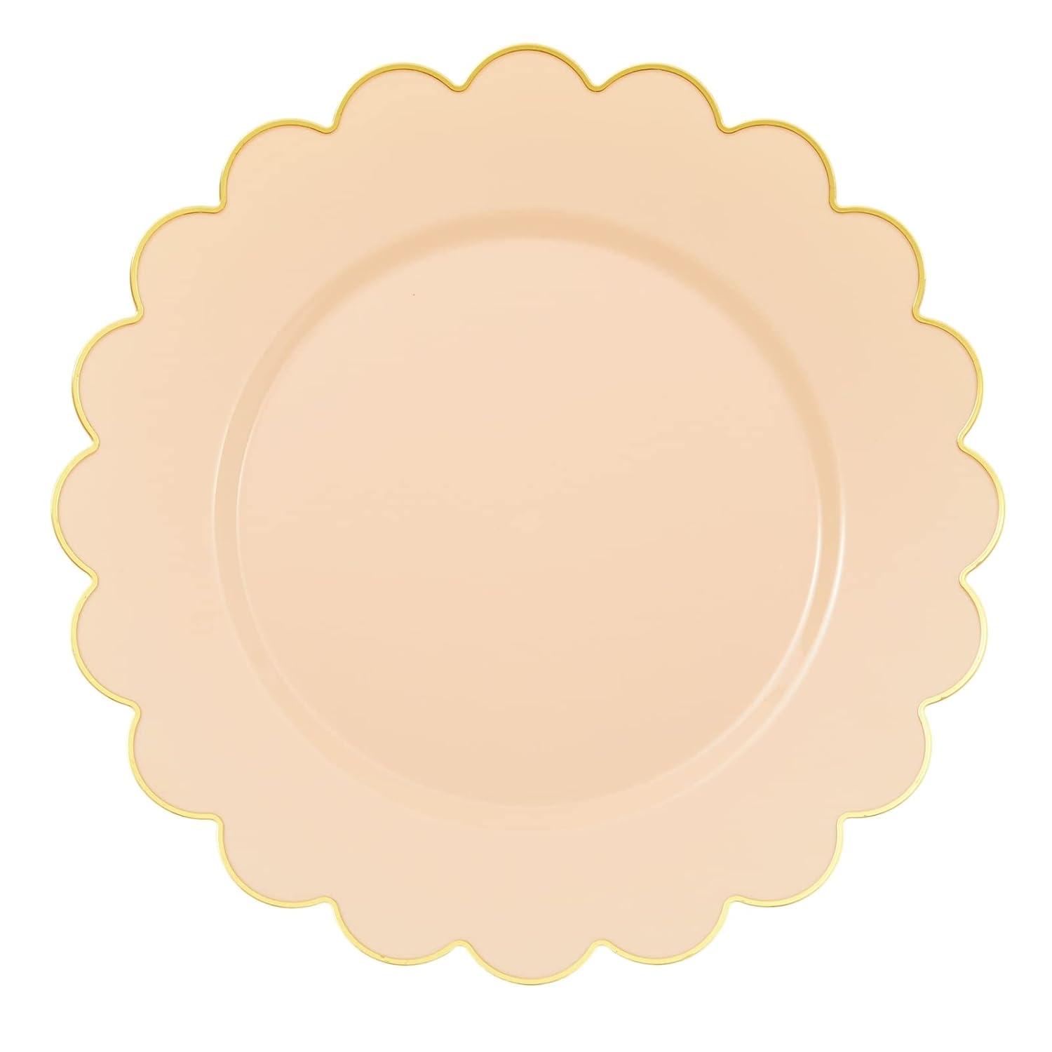BLUE PANDA 50 Pack Ivory Pink Plastic Plates for Party, 9 Inch Disposable for Party Supplies, Wedding, Gold Foil Scalloped Edges - Scalloped Plates