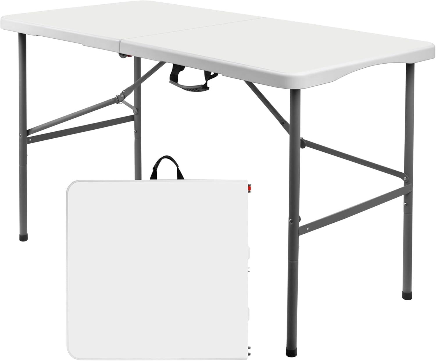 4 ft Portable Folding Table, Idustrial Heavy-Duty Foldable Table, HDPE Plastic Table, with Carrying Handle, Locks, Stright Legs for Indoor & Outdoor Party, Barbeque, Camping, Board Games - White