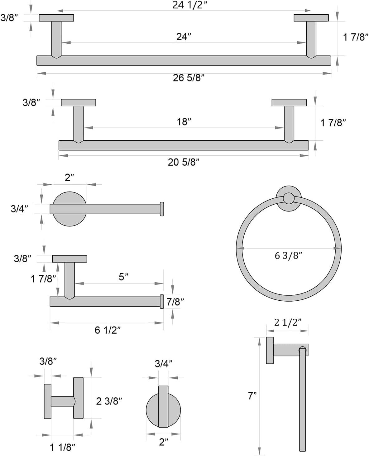 Brushed Nickel Bathroom Accessories Set, 24 Inch Towel Bar Set Wall Mounted, Durable 304 Stainless Steel Bathroom Hardware Set, Modern Style, 5-Piece