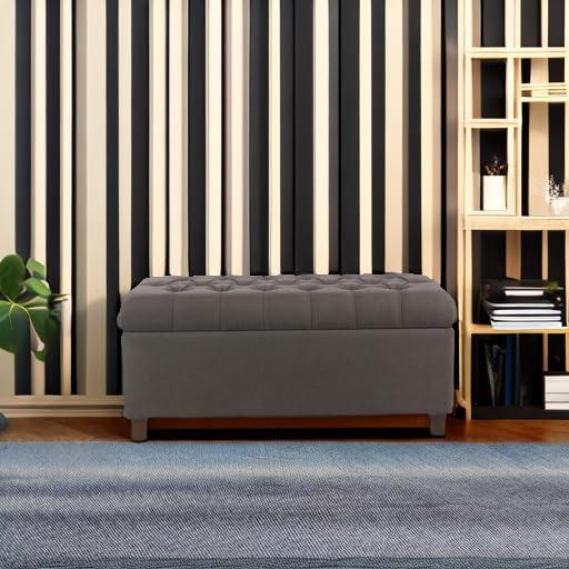 Ainsley Button Tufted Storage Bench Dark Charcoal Gray - HomePop: Upholstered Ottoman for Bedroom with Wood Legs
