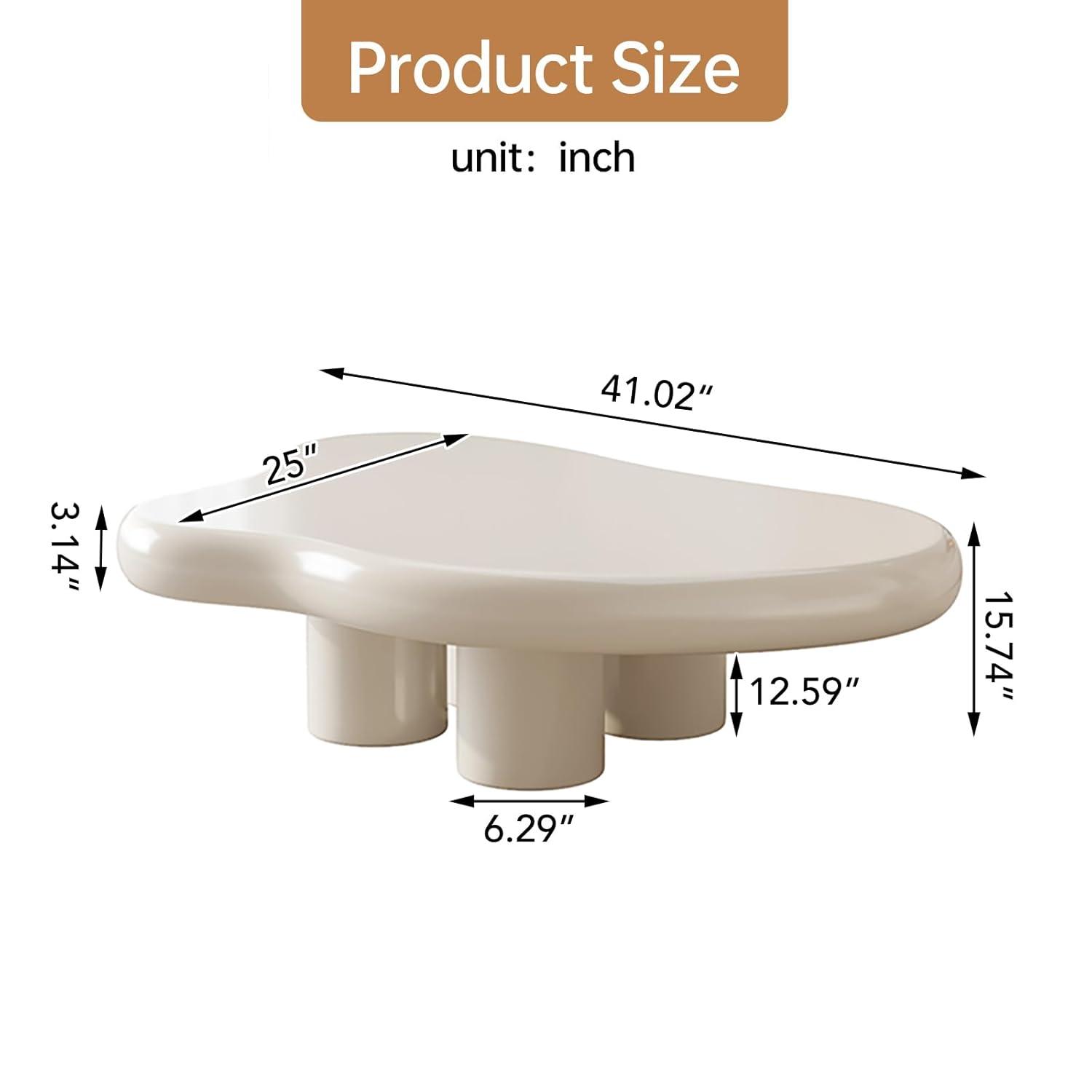 Guyii 41.02" Cream White Cloud Coffee Table, Irregular Coffee Table with 3 Legs for Living Room, Office