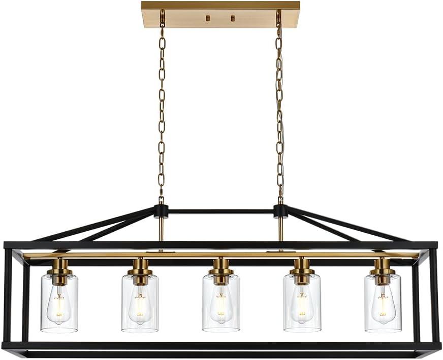 Modern Black and Brass 5-Light Island Chandelier with Glass Shades