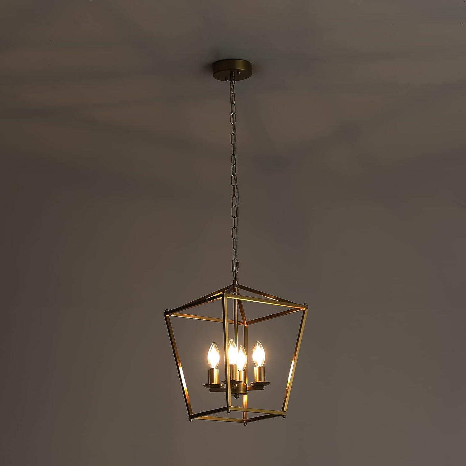 Soft Gold Geometric Metal Cage Pendant Light with 4 Candle Bulbs