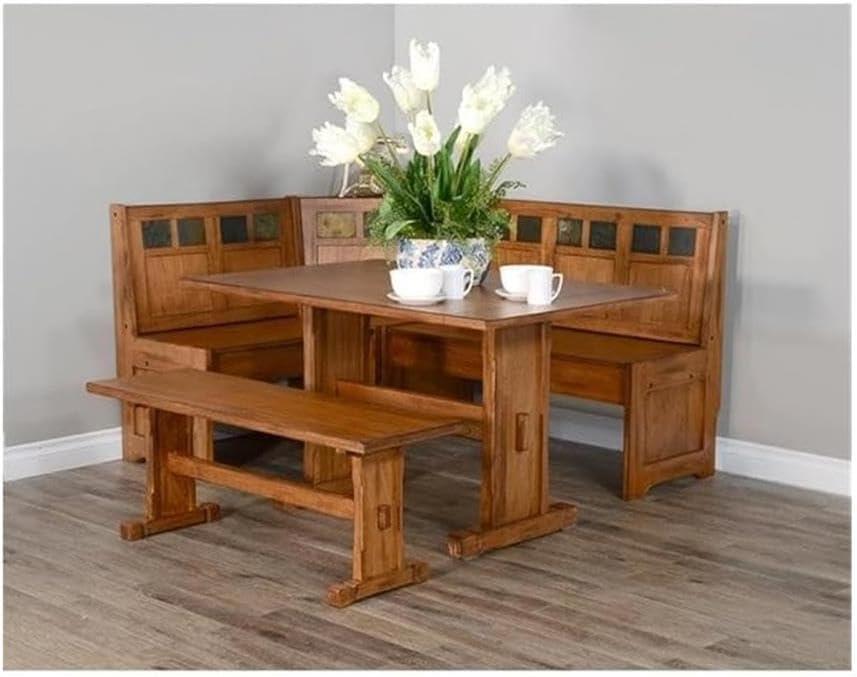 Pemberly Row 4-pieces Corner Dining Set/Breakfast Nook in Oak with Storage Space