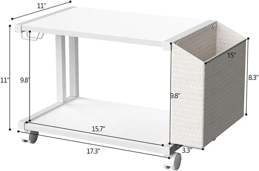 White Wooden 2-Tier Under Desk Printer Stand with Storage Bag