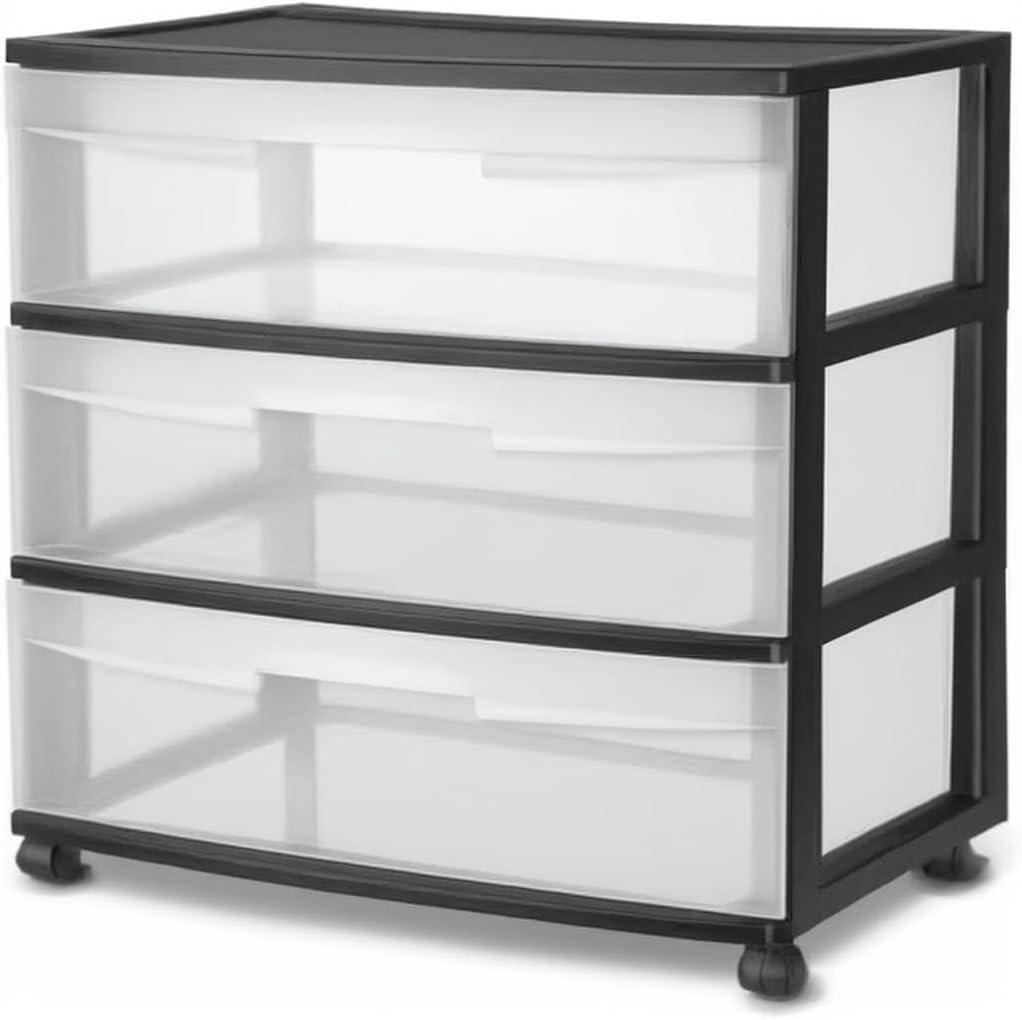 Sterilite Storage Drawer, 3 Drawer Wide Plastic Storage Cart with Clear Pull Out Drawers, Black