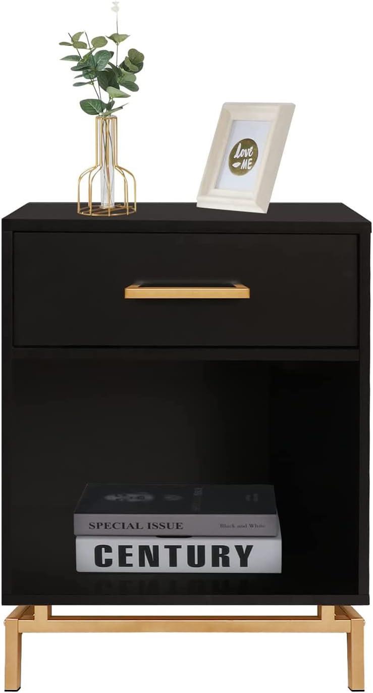 Anmytek  Modern 1-Drawer Black Nightstand Wood Bedside Table End Table with Open Shelf for Bedroom