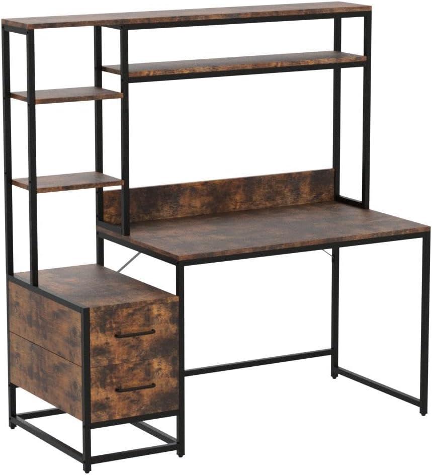 55 Inch Computer Desk with 2 Drawers and Storage Shelves, Rustic Office Desk with Hutch, Study Writing Gaming Table Laptop Workstation for Home Office (Brown)