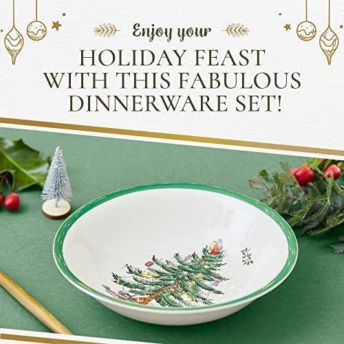 Spode Christmas Tree Collection 16-Piece Dinnerware Set, 10" Dinner Plate, 7.25" Salad Plate, 16 oz Cereal Bowl, 9 oz Mug