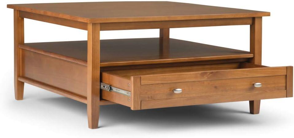 Simpli Home Warm Shaker 36"W Solid Wood Square Coffee Table with Two Drawers and Open Shelf