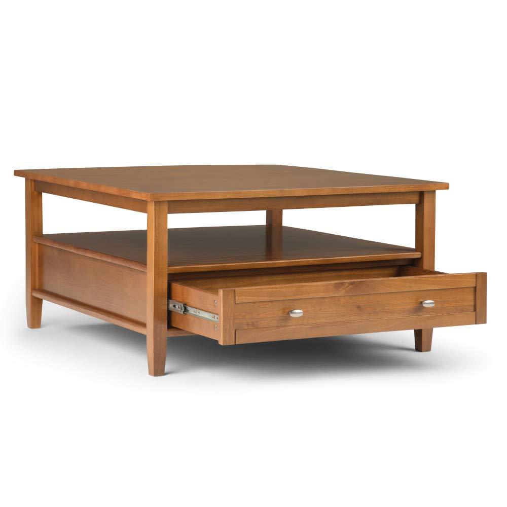 Simpli Home Warm Shaker 36"W Solid Wood Square Coffee Table with Two Drawers and Open Shelf