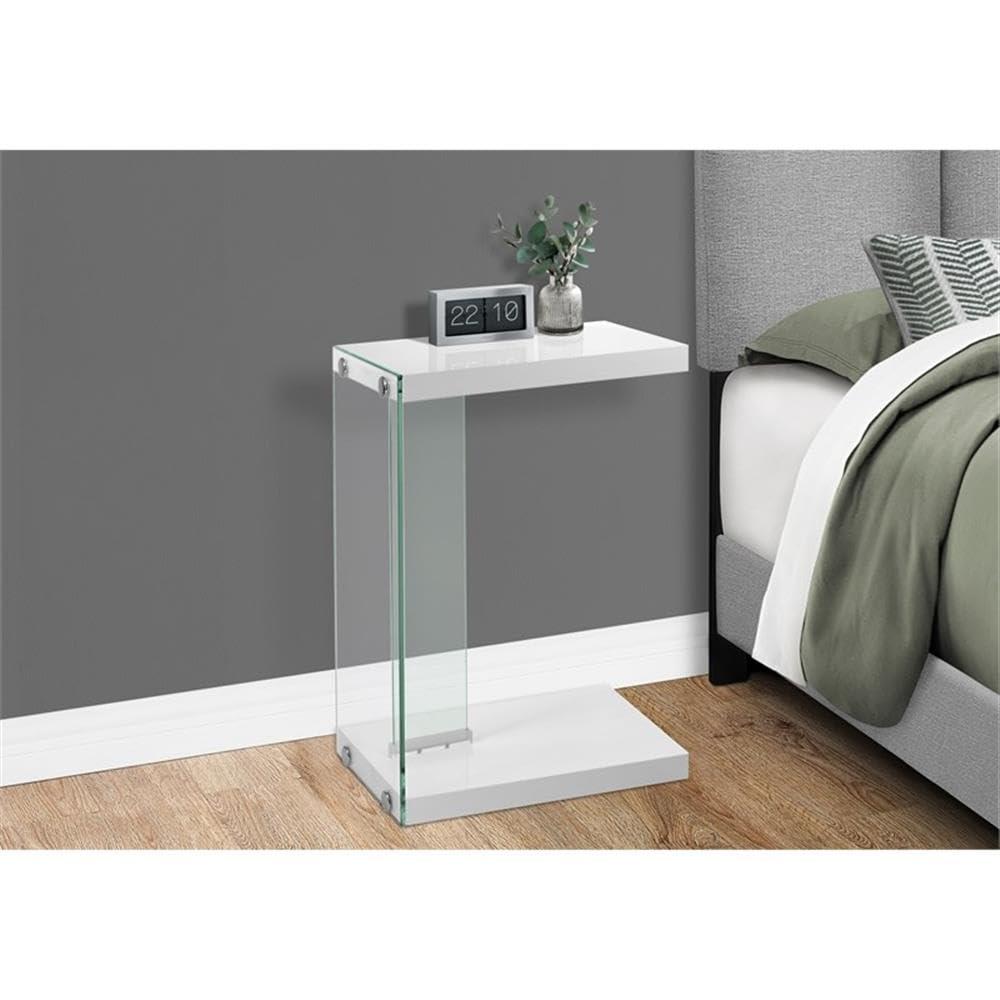 Accent Table C-shaped End Side Snack Bedroom Tempered Glass Glossy White