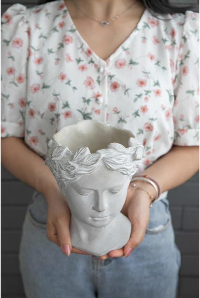 Classic Greek Lady Whitewash Cement Head Planter - Indoor/Outdoor Decor