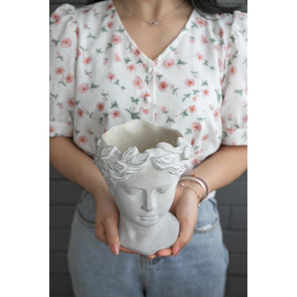 Classic Greek Lady Whitewash Cement Head Planter - Indoor/Outdoor Decor