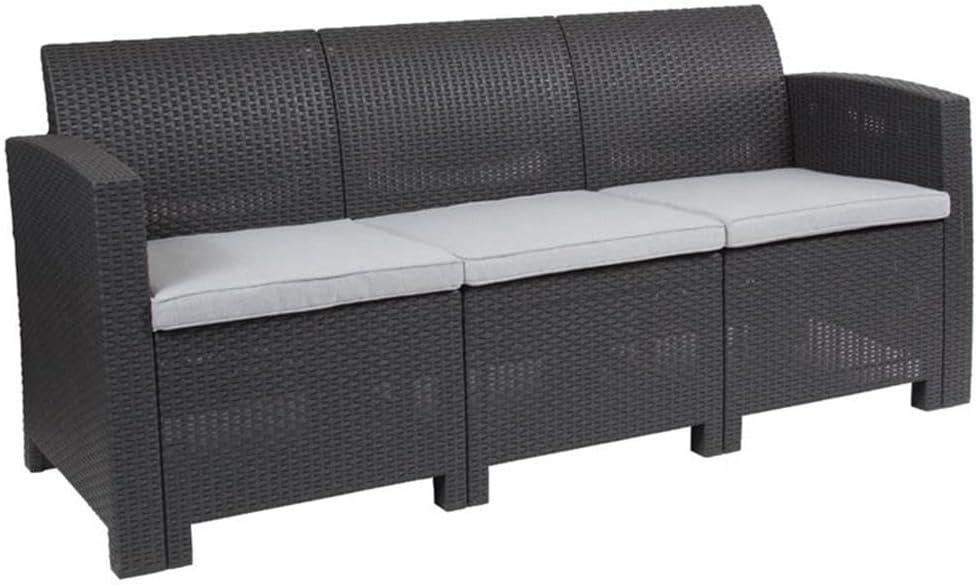 Merrick Lane 4 Piece Dark Gray Faux Rattan Patio Furniture Set with 2 Chairs and Sofa with Removable Light Gray Cushions and Table