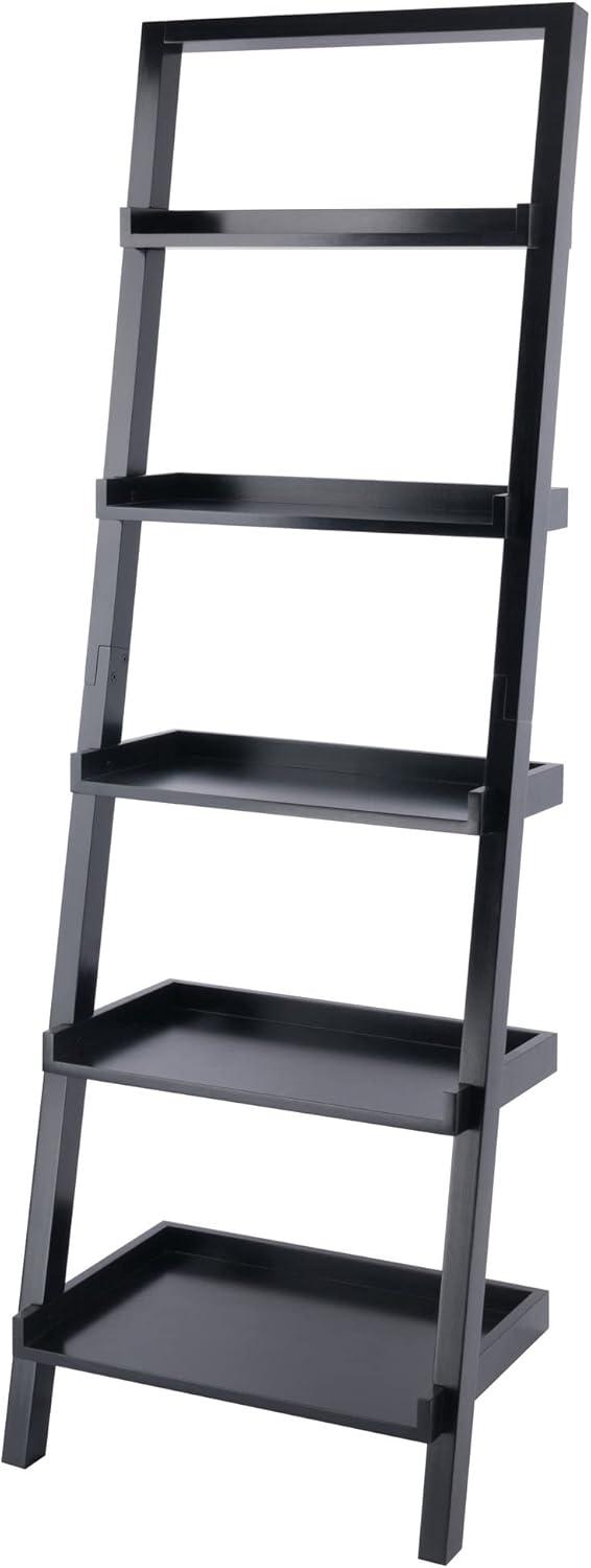 Industrial Black Wood 5-Tier Leaning Ladder Shelf