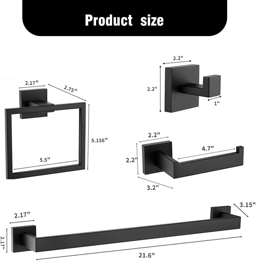 Matte Black Bathroom Hardware Set,5-Piece Towel Racks for Bathroom 23.6" Wall Mount Bathroom Accessories Include Towel Bar,Towel Rack Ring,Toilet Paper Holder,2*Robe Hook