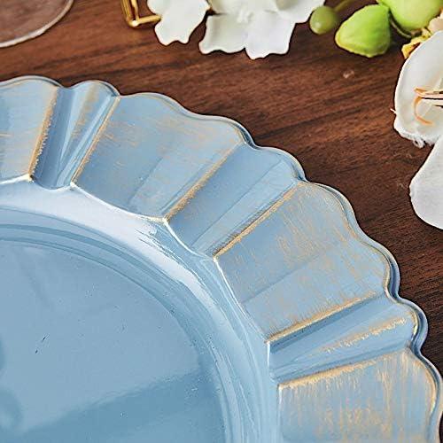 BalsaCircle 6 Dusty Blue Gold 13" Acrylic Wooden Textured Round Scalloped Trim Plastic Charger Plates