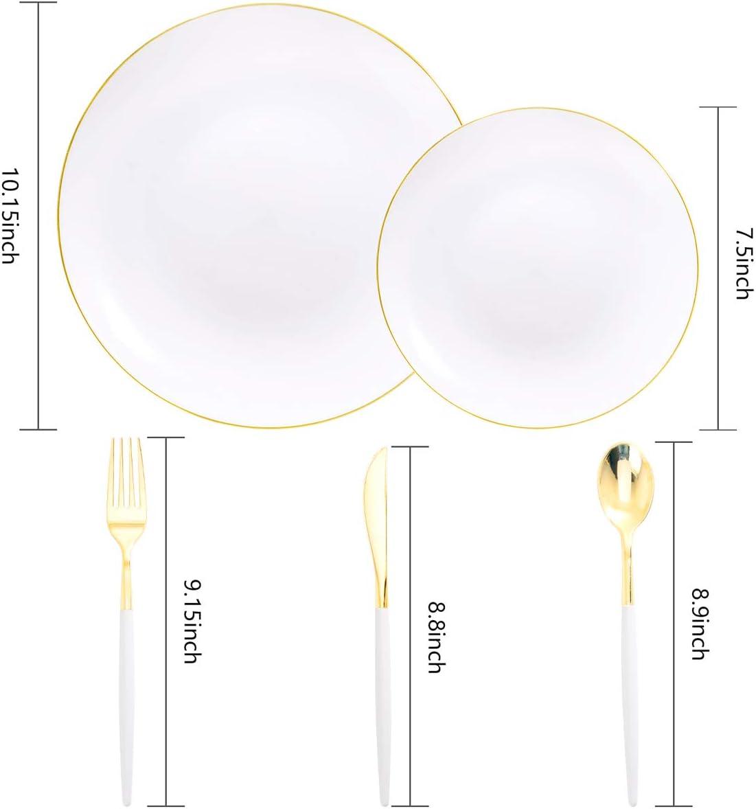 White and Gold Round Plastic Dinnerware Set for 30 Guests