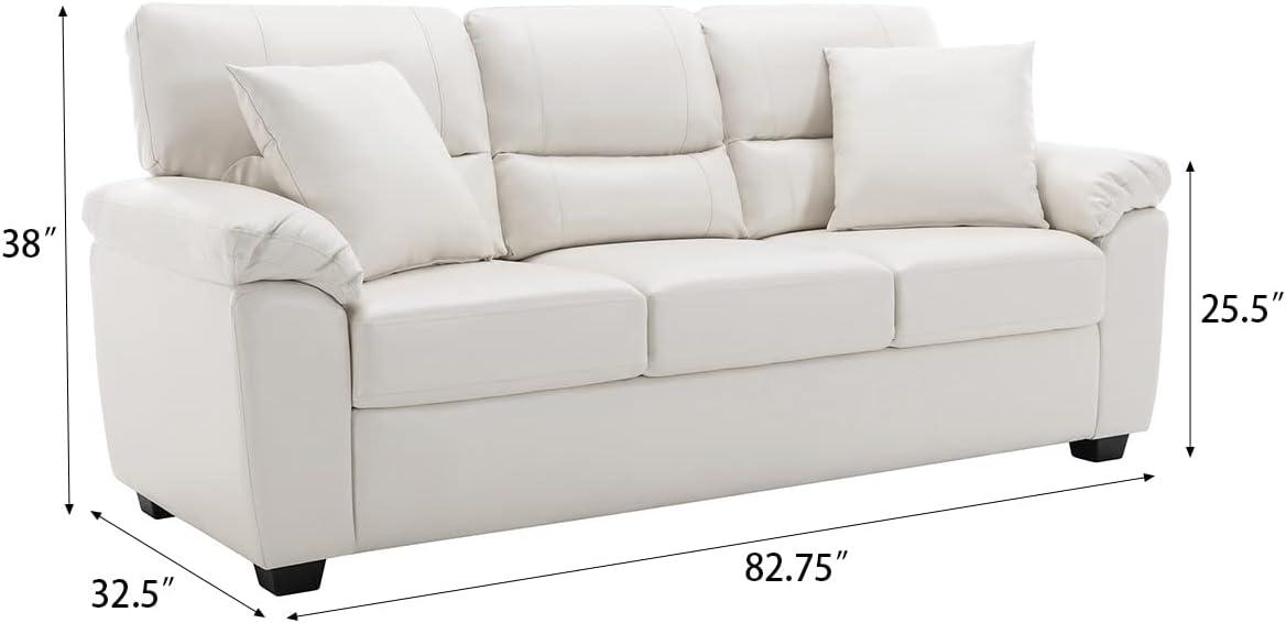 White Faux Leather Three-Seater Sofa with Removable Cushions