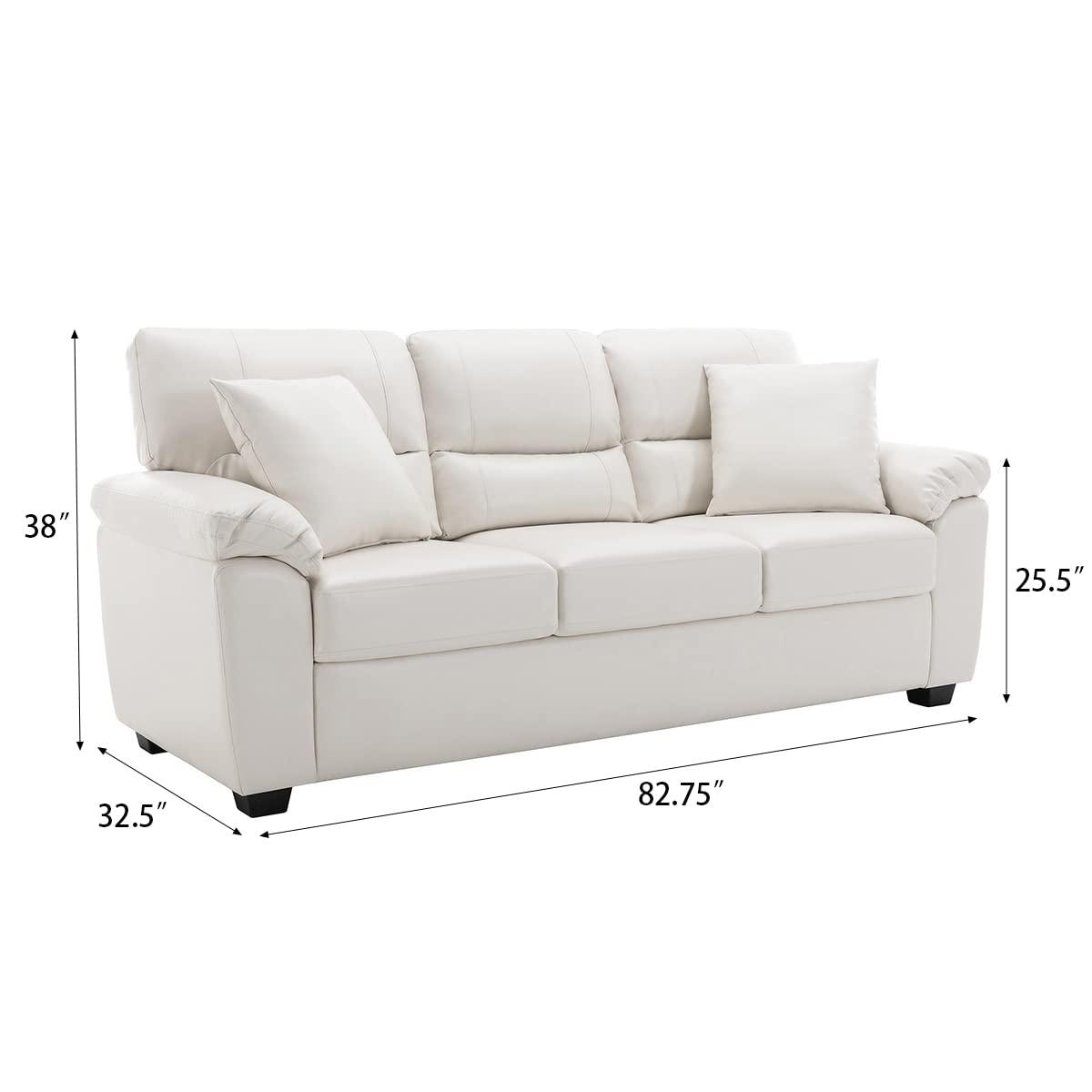 White Faux Leather Three-Seater Sofa with Removable Cushions