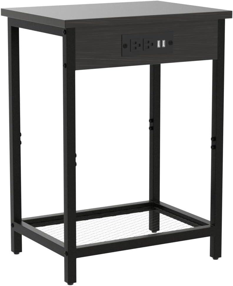 Narrow Side Table Set of 2 with Charging Station, Small End Tables for Small Spaces, 3-Tier Skinny Side Table, Narrow End Table with USB Ports, Narrow Nightstand Set 2, Black