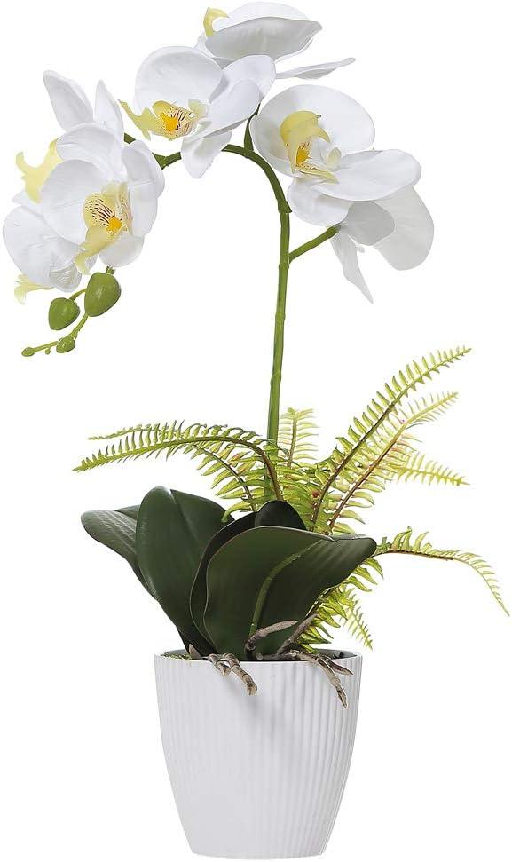 White Orchid Artificial Flower in Ribbed Plastic Pot, 16 Inch Tabletop Centerpiece