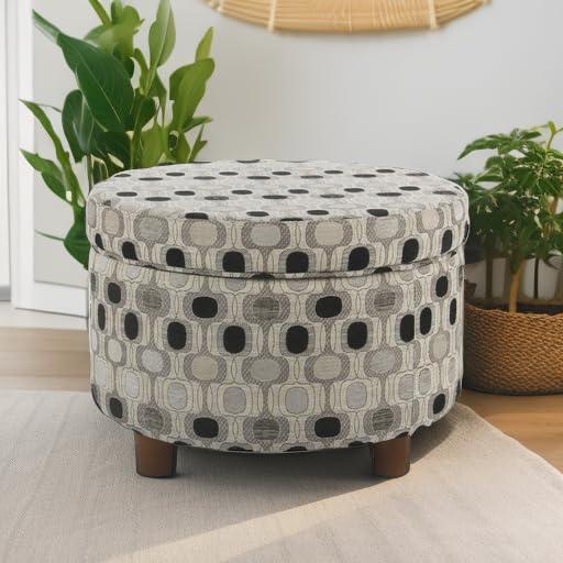 Round Storage Ottoman Black Geo - HomePop: Upholstered Medallion Pattern, Plywood & Hardwood Frame, 250 lbs Capacity