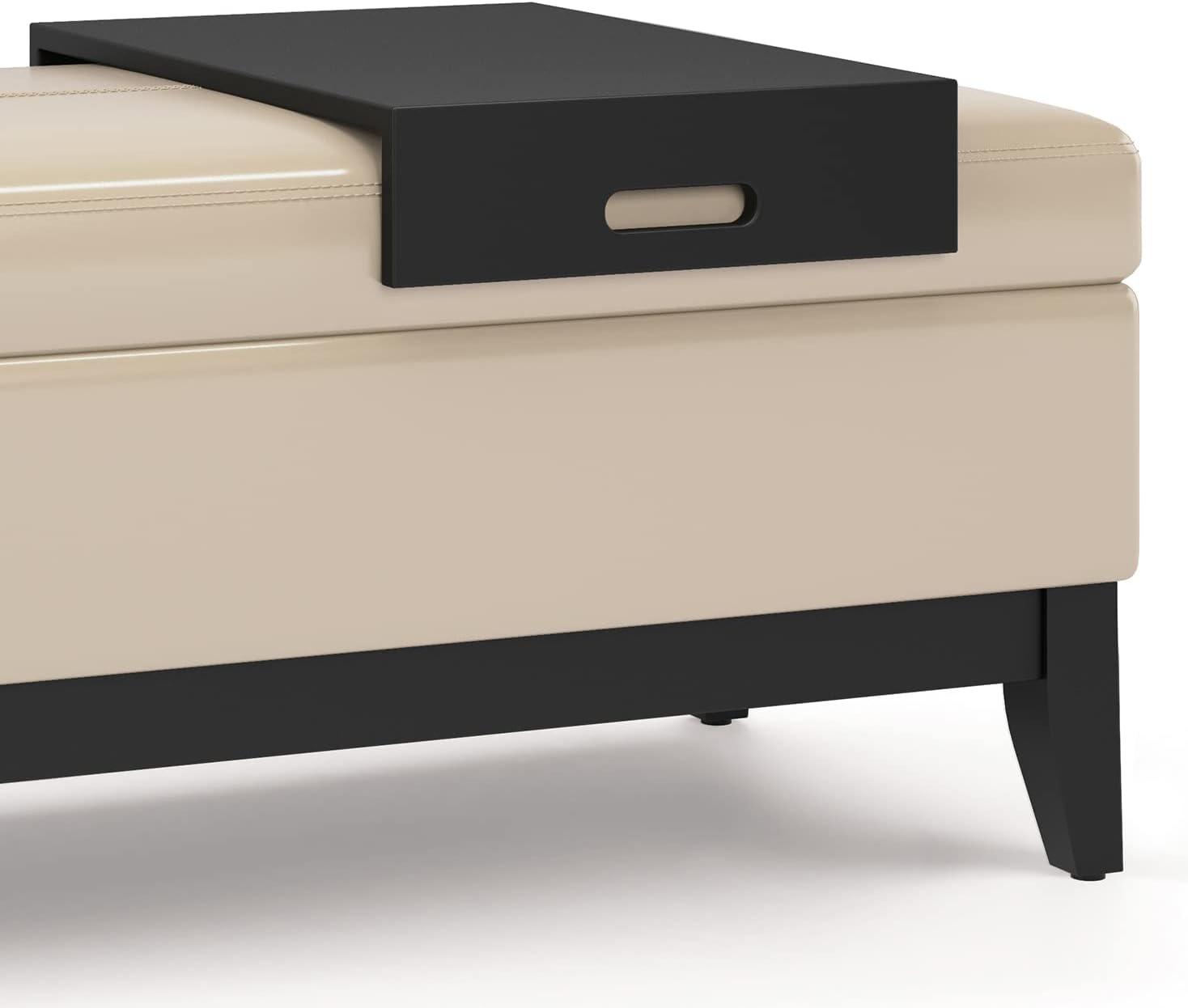 Simpli Home Oregon 42" Wd. Storage Ottoman Bench with Tray in Satin Cream Faux Leather