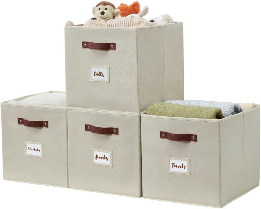DECOMOMO Large Cube Storage Bin, Fabric Storage Bin, Organizing Cubes (Beige, Set of 4)