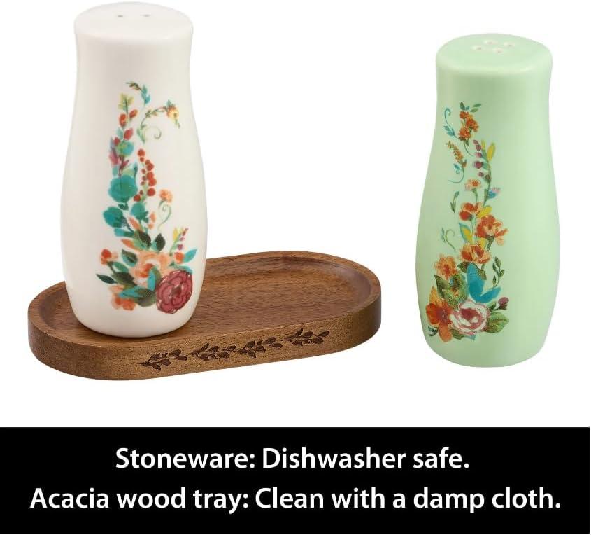 The Pioneer Woman Painted Meadow 3 Pieces Salt & Pepper Shakers with Acacia Wood Tray Set