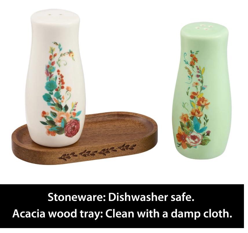 The Pioneer Woman Painted Meadow 3 Pieces Salt & Pepper Shakers with Acacia Wood Tray Set