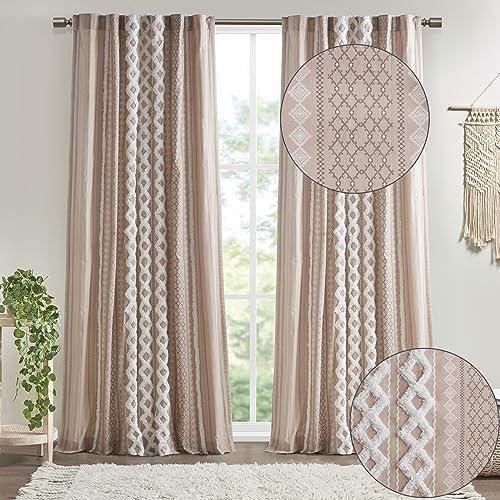 INK+IVY Imani Cotton Printed Curtain Panel with Chenille Stripe and Lining, Blush, 50x84"