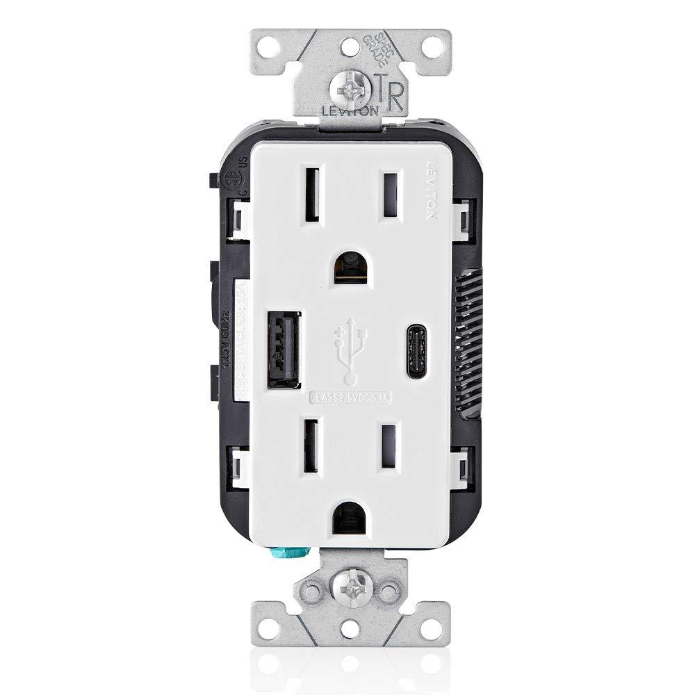 White Tamper Resistant Duplex Outlet with USB Type A and C Ports