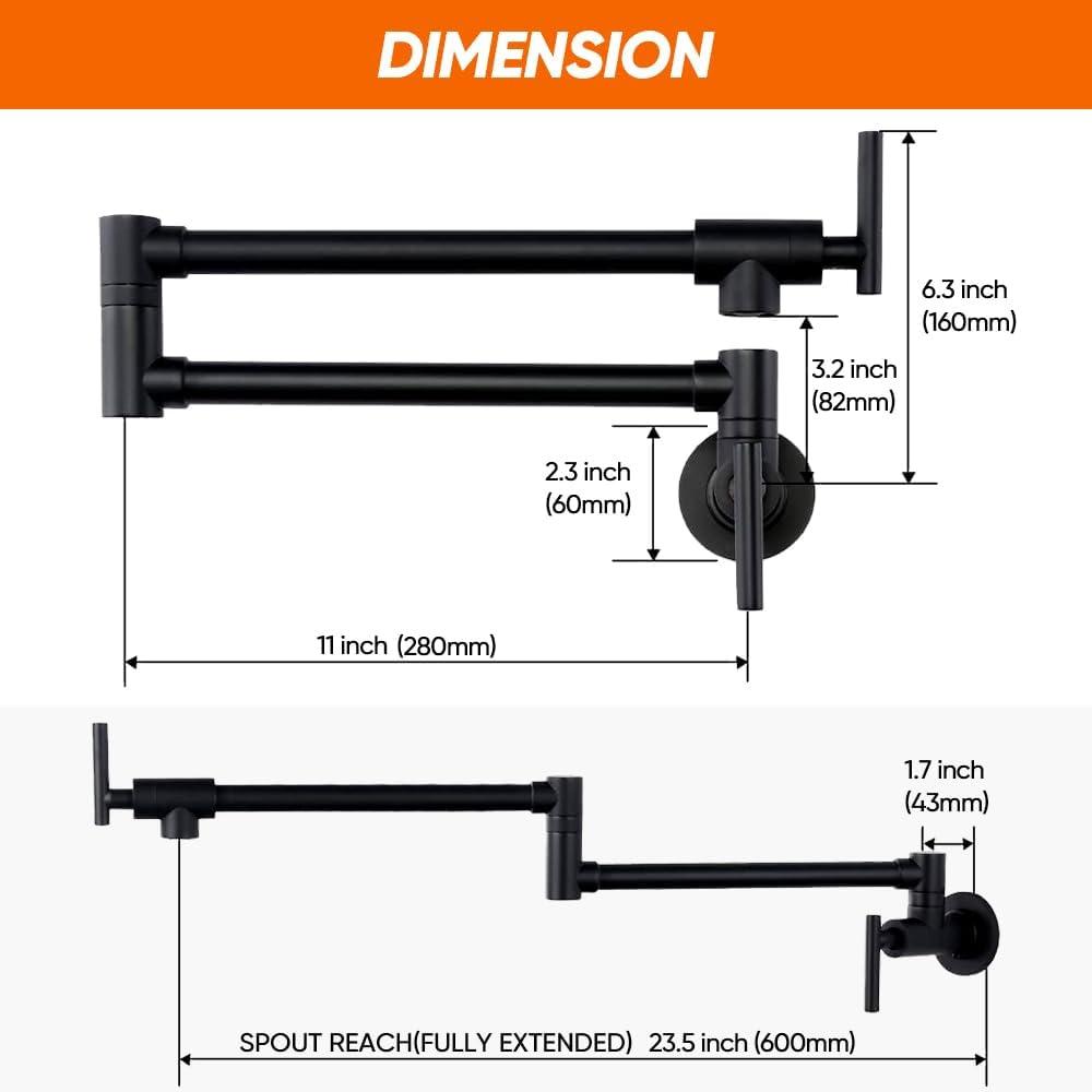 Wowow Contemporary Wall Mount Pot Filler Faucet with Double Joint Swing Arm in Matte Black