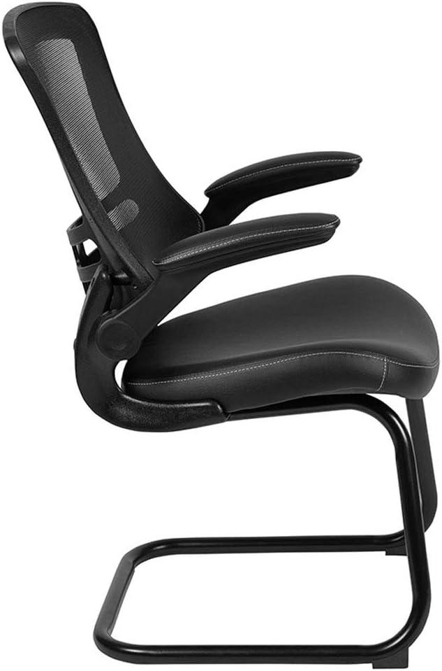 Flash Furniture Kelista Black Mesh Sled Base Side Reception Chair with White Stitched LeatherSoft Seat and Flip-Up Arms