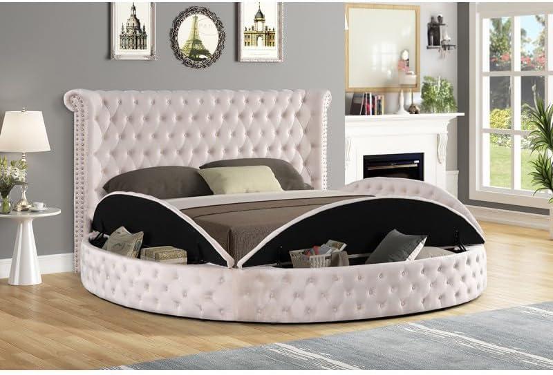 Ivory Velvet Tufted Upholstered King Round Platform Storage Bed