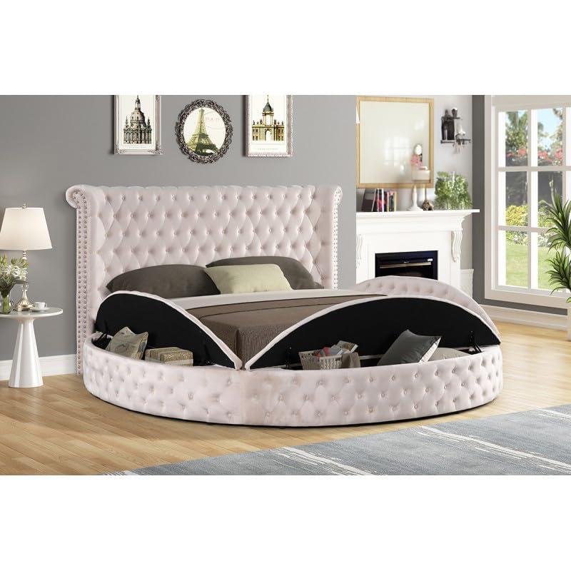 Ivory Velvet Tufted Upholstered King Round Platform Storage Bed